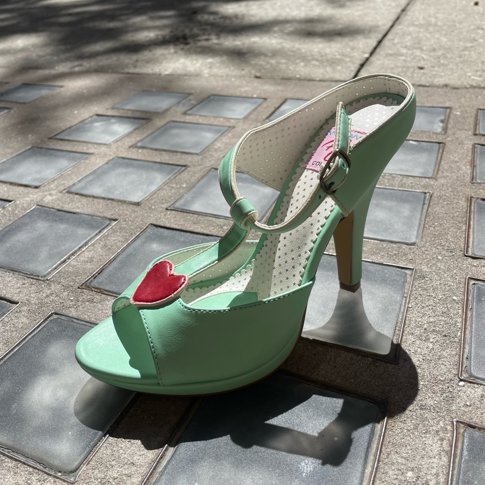 Chic Mint Green Peep Toe Heels with Red Heart Accent - Pin Up Couture- 7